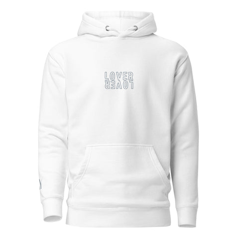 A white pullover hoodie with the text “Lover Lover” embroidered in grey - view from the front