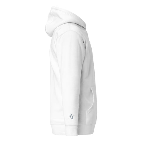 A white pullover hoodie with the text “Lover Lover” embroidered in grey - view from the right shows brand “AY” embroidered on the right sleeve above the cuff