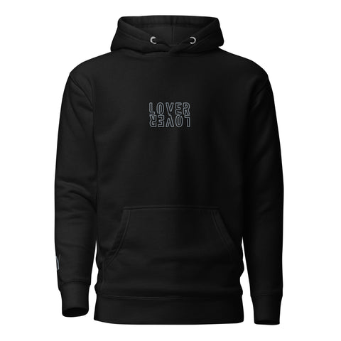 A black pullover hoodie with the text “Lover Lover” embroidered in grey - view from the front 