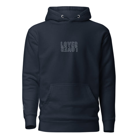 A navy pullover hoodie with the text “Lover Lover” embroidered in grey - view from the front