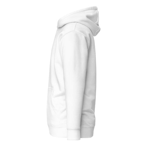 A white pullover hoodie with the text “Lover Lover” embroidered in grey - view from the left 